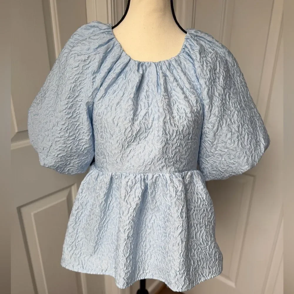 Tuckernuck Hyacinth House Julia Jacquard Puff Sleeve Babydoll Top Small Blue